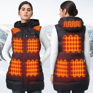 Long Hooded Heated Puffer Vest with 10 Heating Zones
